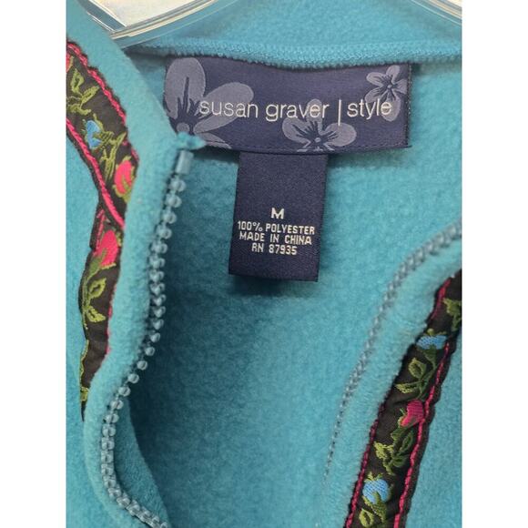 Susan Graver Fleece Vest Womens Medium Turquoise with Floral Trim Full Zip - Picture 4 of 6